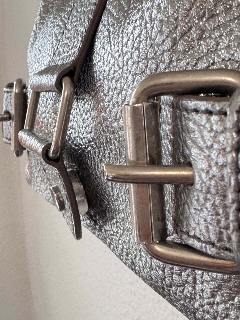 Prune x Gang Mini Bag Metallic Silver Shoulder Strap Buckles Pebbled Leather - Picture 7 of 13